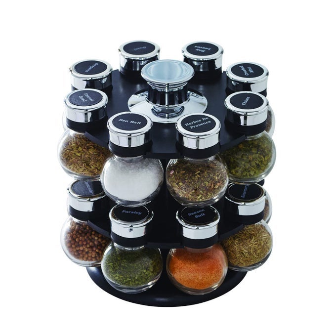 16 JAR ELLINGTON REVOLVING COUNTERTOP SPICE RACK WITH LIFT POUR CAPS AND SPICES INCLUDED FREE SPICE REFILLS FOR 5 YEARS BLACK AND CHROME