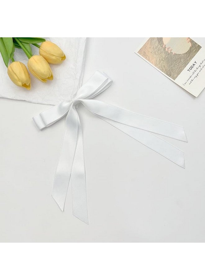 SALOCY Hair Ribbons2 Pcs Satin Hair Bows For Women Bows Clip For Girls With Long Tasselbig Ribbon Bows Satin Hair Clip For Hair Design (Black+White) - Image 2