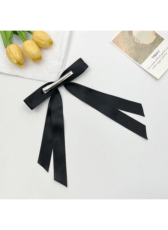 SALOCY Hair Ribbons2 Pcs Satin Hair Bows For Women Bows Clip For Girls With Long Tasselbig Ribbon Bows Satin Hair Clip For Hair Design (Black+White) - Image 3