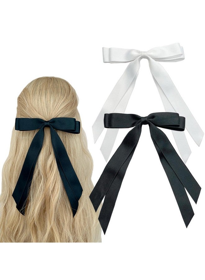 SALOCY Hair Ribbons2 Pcs Satin Hair Bows For Women Bows Clip For Girls With Long Tasselbig Ribbon Bows Satin Hair Clip For Hair Design (Black+White) - Image 1