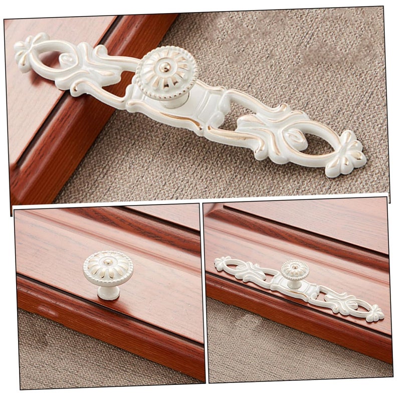 Antique Ivory White Metal Cabinet Handles Set Of 2 Single Hole Linear Pattern Pulls For Dresser Drawer Cupboard - Image 4