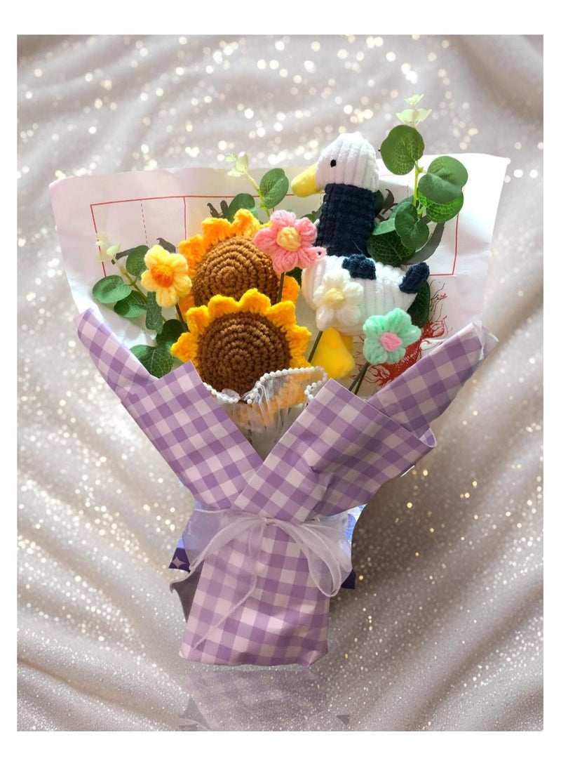 Handmade Crochet Sunflowers and Roses Artificial Flower Bouquet - Unique Gift for Home Decor, Weddings, Birthdays