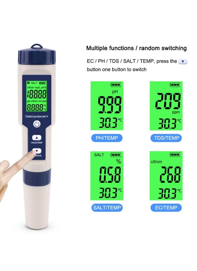 Generic - 5 in 1 Electronic Household Meter, pH, TDS, EC, Salinity and Temperature Tester for Water Quality, with LCD Display, for Drinking Water, Aquarium, Swimming Pool - Image 1