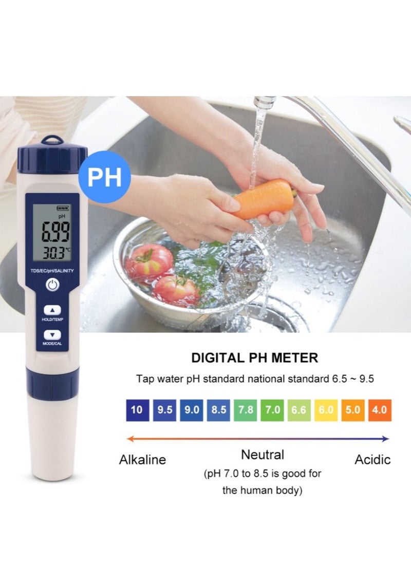 Generic - 5 in 1 Electronic Household Meter, pH, TDS, EC, Salinity and Temperature Tester for Water Quality, with LCD Display, for Drinking Water, Aquarium, Swimming Pool - Image 1