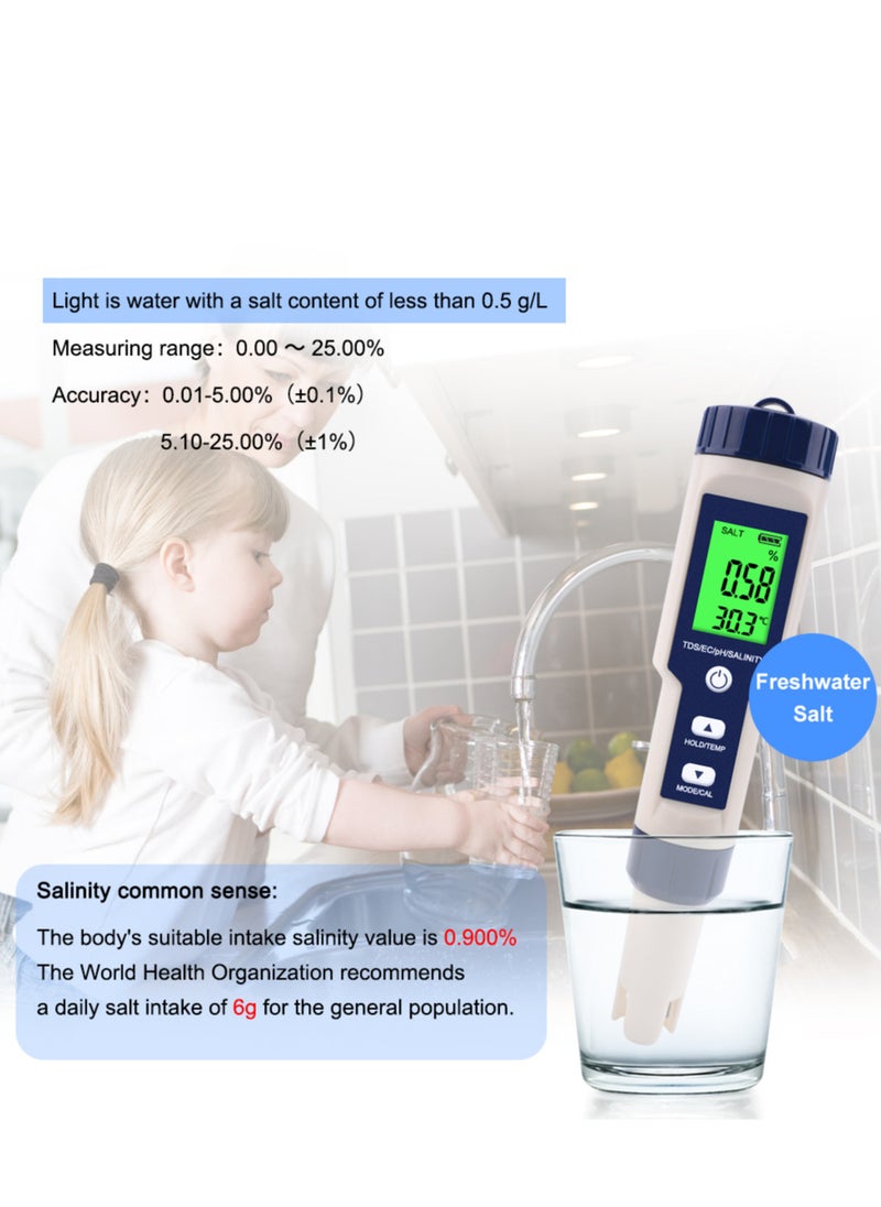 Generic - 5 in 1 Electronic Household Meter, pH, TDS, EC, Salinity and Temperature Tester for Water Quality, with LCD Display, for Drinking Water, Aquarium, Swimming Pool - Image 1