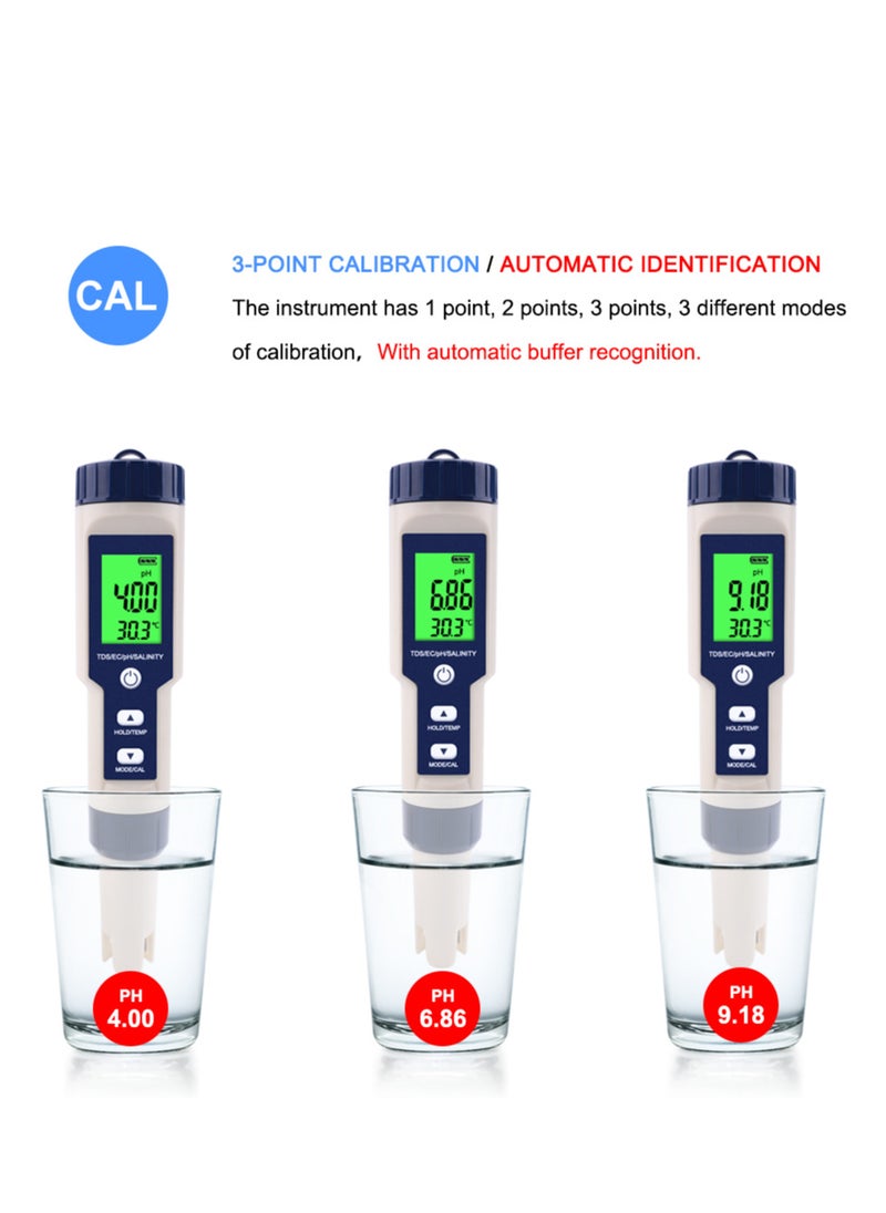 Generic - 5 in 1 Electronic Household Meter, pH, TDS, EC, Salinity and Temperature Tester for Water Quality, with LCD Display, for Drinking Water, Aquarium, Swimming Pool - Image 1
