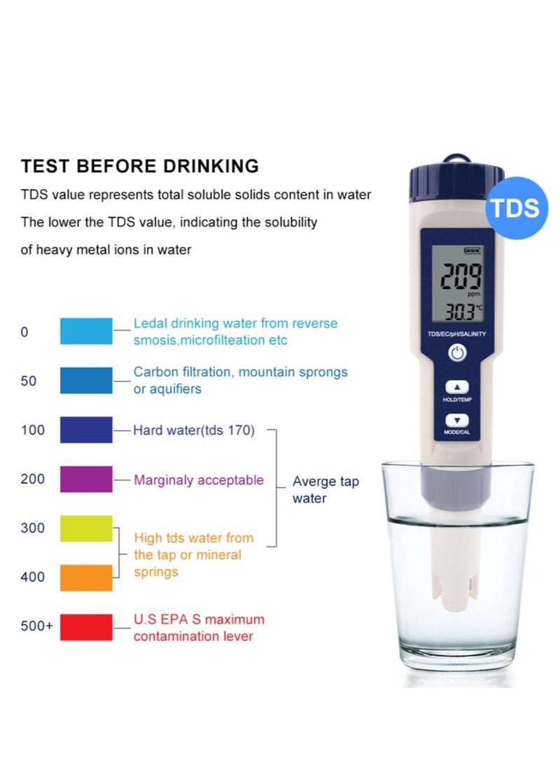 Generic - 5 in 1 Electronic Household Meter, pH, TDS, EC, Salinity and Temperature Tester for Water Quality, with LCD Display, for Drinking Water, Aquarium, Swimming Pool - Image 1