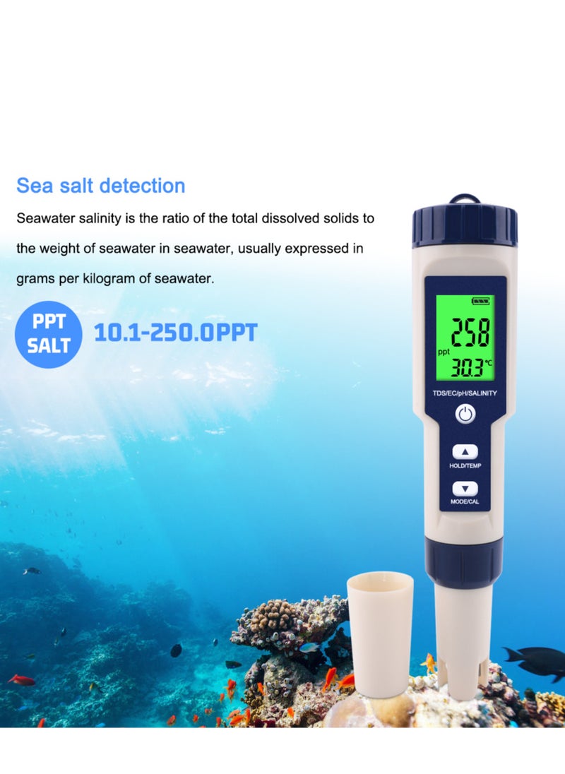 Generic - 5 in 1 Electronic Household Meter, pH, TDS, EC, Salinity and Temperature Tester for Water Quality, with LCD Display, for Drinking Water, Aquarium, Swimming Pool - Image 1