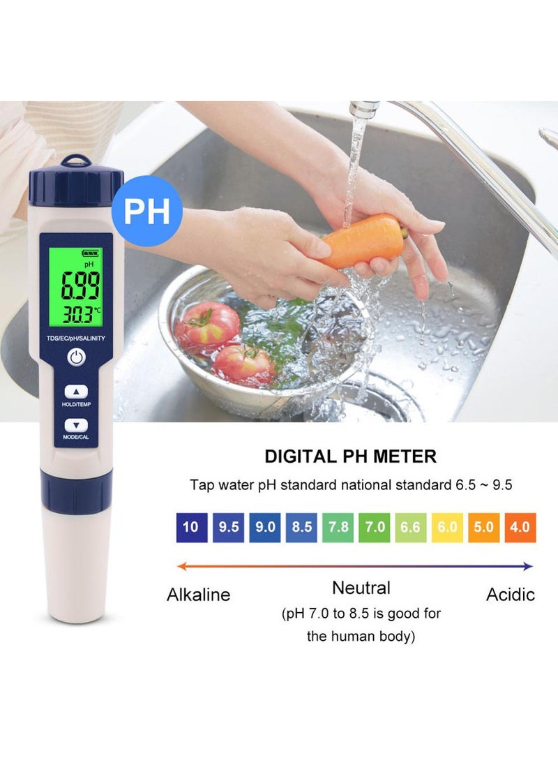Generic - 5 in 1 Electronic Household Meter, pH, TDS, EC, Salinity and Temperature Tester for Water Quality, with LCD Display, for Drinking Water, Aquarium, Swimming Pool - Image 1
