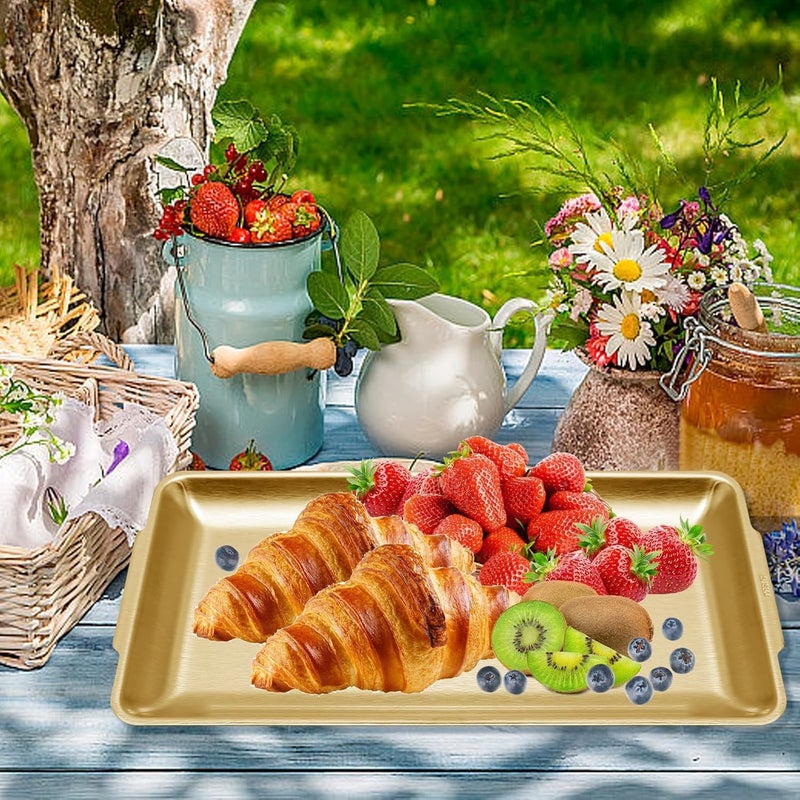 كاست ويف 3 قطع صينية تقديم من الفولاذ المقاوم للصدأ، أطباق بوفيه مستطيلة، صواني تقديم متعددة الاستخدامات للمطبخ والحفلات والتقديم وعرض الطعام، نيكل مصقول (ذهبي، 32x16 سم) - Image 3