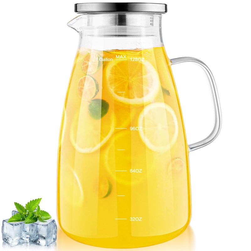 Aofmee 1 Gallon 128oz Glass Pitcher, Water Pitcher with Lid and Spout, Glass Carafe for Hot/Cold Drink, Water Jug for Iced Tea, Coffee, Juice, Milk, Beverage (Extra-Wide Mouth) - Image 1