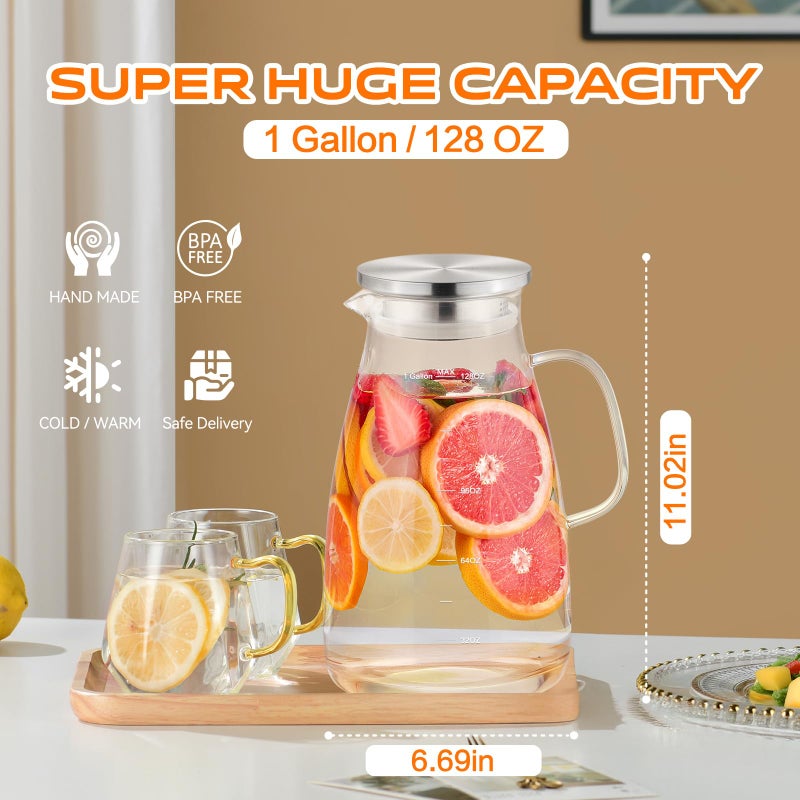 Aofmee 1 Gallon 128oz Glass Pitcher, Water Pitcher with Lid and Spout, Glass Carafe for Hot/Cold Drink, Water Jug for Iced Tea, Coffee, Juice, Milk, Beverage (Extra-Wide Mouth) - Image 2