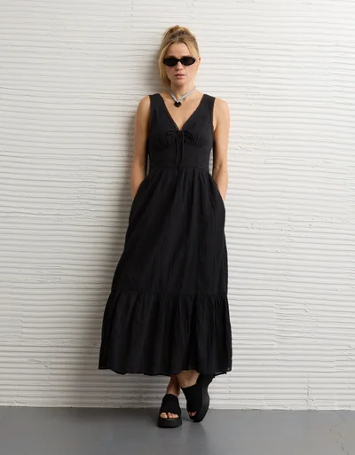 american eagle black maxi dress American Eagle Black Floral Embroidered Long Sleeve Cut Out A Line Min   Brie