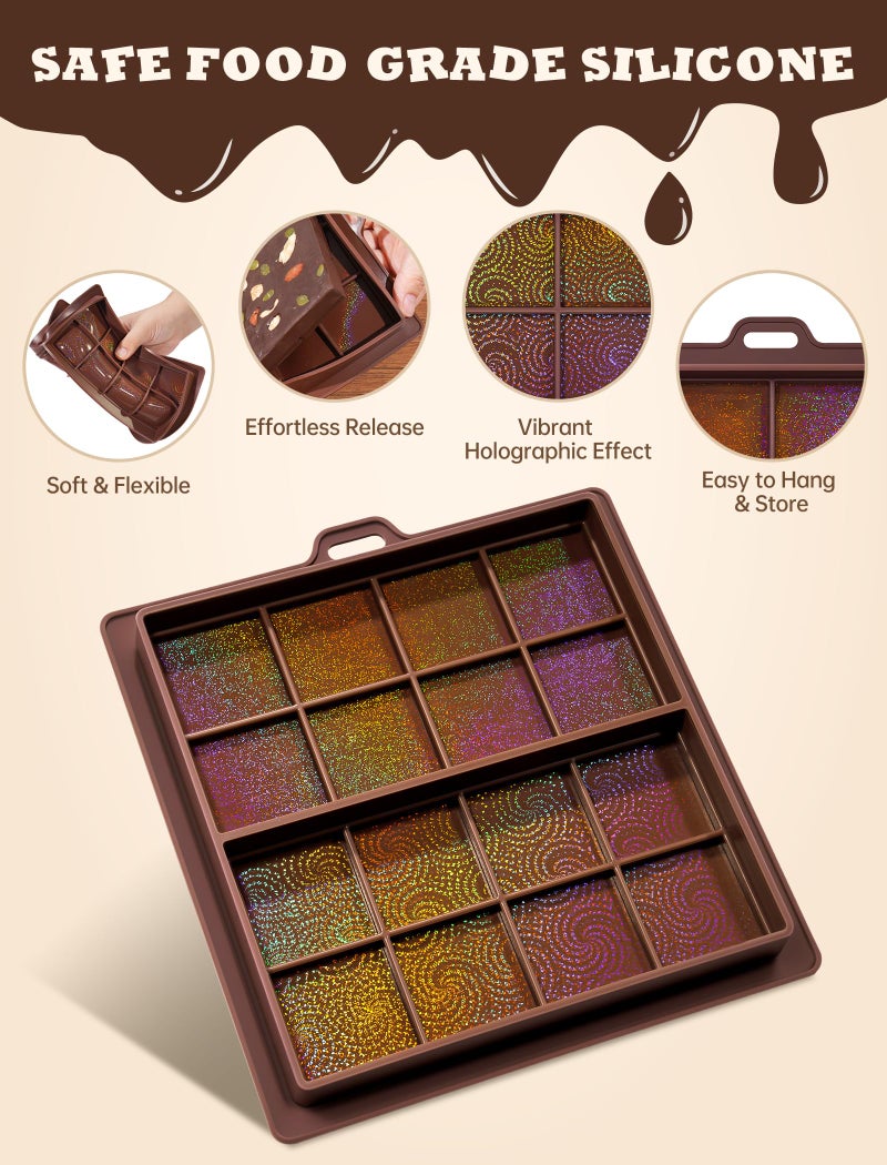 NiHome 0.67 Inch Holographic Dubai Chocolate Molds, Silicone Chocolate Bar Mold for Black Chocolate, Dishwasher Safe & Wall Hanging, Christmas Valentine Gift (Swirl and Sandy Pattern) - Image 5