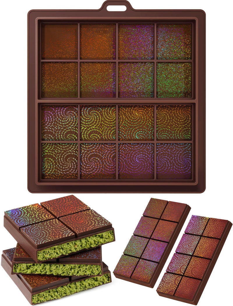 NiHome 0.67 Inch Holographic Dubai Chocolate Molds, Silicone Chocolate Bar Mold for Black Chocolate, Dishwasher Safe & Wall Hanging, Christmas Valentine Gift (Swirl and Sandy Pattern) - Image 1