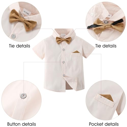 DISAUR Toddler Boy Wedding Outfits Short Sleeve Apricot Brown Dress Shirt Bow Tie Suspender Pants Baptism Outfits For Boys 12 Months 1t 18 Months - Image 2