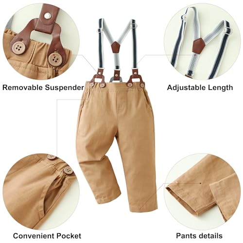 DISAUR Toddler Boy Wedding Outfits Short Sleeve Apricot Brown Dress Shirt Bow Tie Suspender Pants Baptism Outfits For Boys 12 Months 1t 18 Months - Image 3