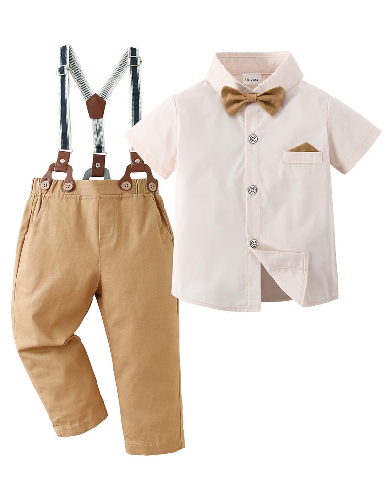 DISAUR Toddler Boy Wedding Outfits Short Sleeve Apricot Brown Dress Shirt Bow Tie Suspender Pants Baptism Outfits For Boys 12 Months 1t 18 Months - Image 4