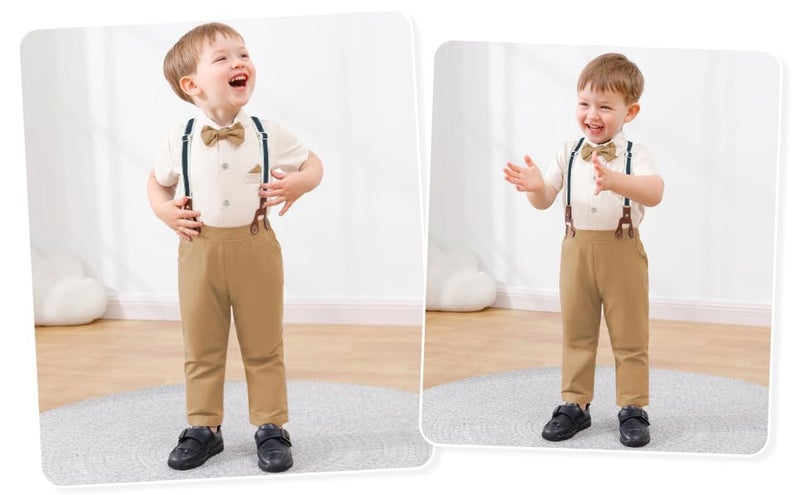 DISAUR Toddler Boy Wedding Outfits Short Sleeve Apricot Brown Dress Shirt Bow Tie Suspender Pants Baptism Outfits For Boys 12 Months 1t 18 Months - Image 5