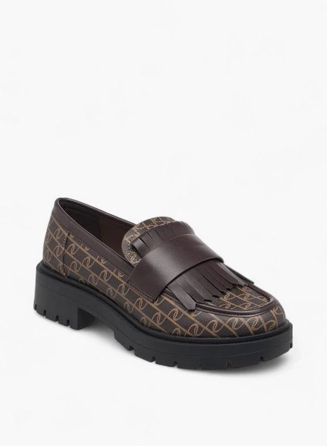 Monogram Print Slip-On Loafers with Fringe Detail
