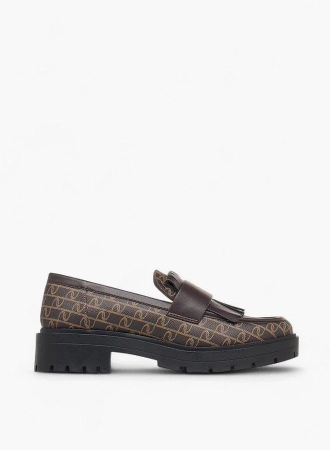 Paprika Monogram Print Slip-On Loafers with Fringe Detail