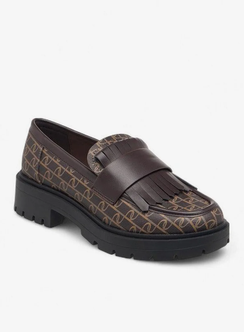 Monogram Print Slip-On Loafers with Fringe Detail