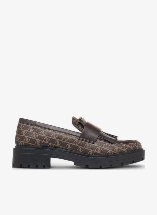 Monogram Print Slip-On Loafers with Fringe Detail