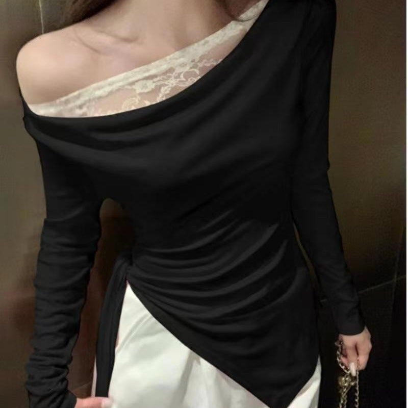 Asymmetrical Long-Sleeve Lace Patchwork T-Shirt Slim-Fit Fake Two-Piece Top For Girls - Image 3
