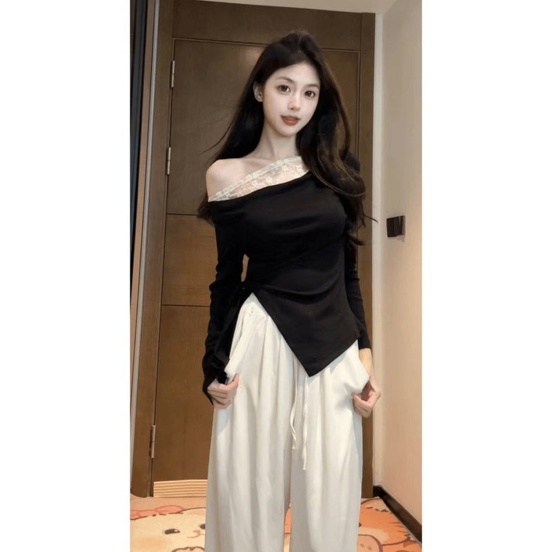 Asymmetrical Long-Sleeve Lace Patchwork T-Shirt Slim-Fit Fake Two-Piece Top For Girls - Image 4