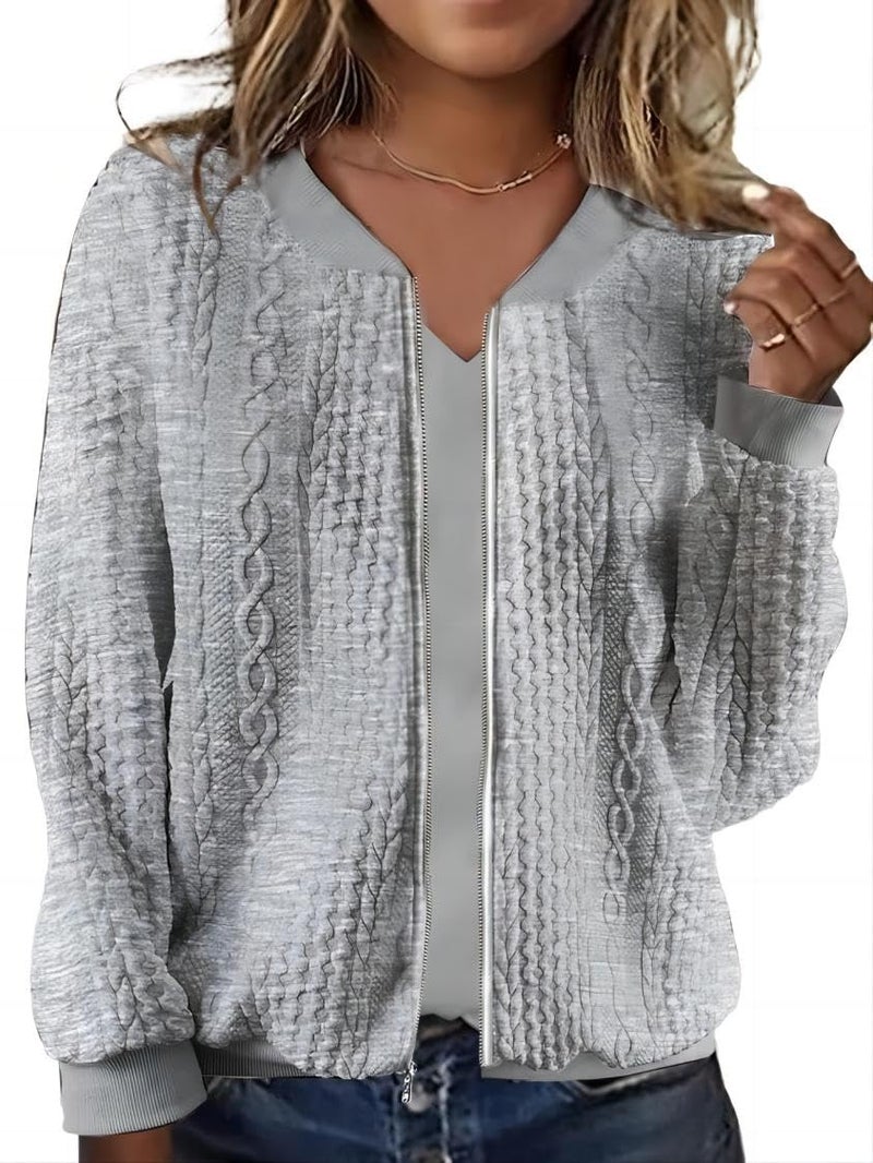WROLEM Women's Zip Up Cardigan Sweater Cable Hoodies Long Sleeve Jacket Outfits Crewneck Casual Coat Grey - Image 1