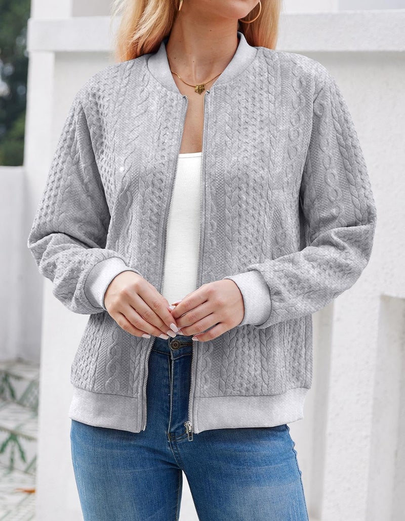 WROLEM Women's Zip Up Cardigan Sweater Cable Hoodies Long Sleeve Jacket Outfits Crewneck Casual Coat Grey - Image 2