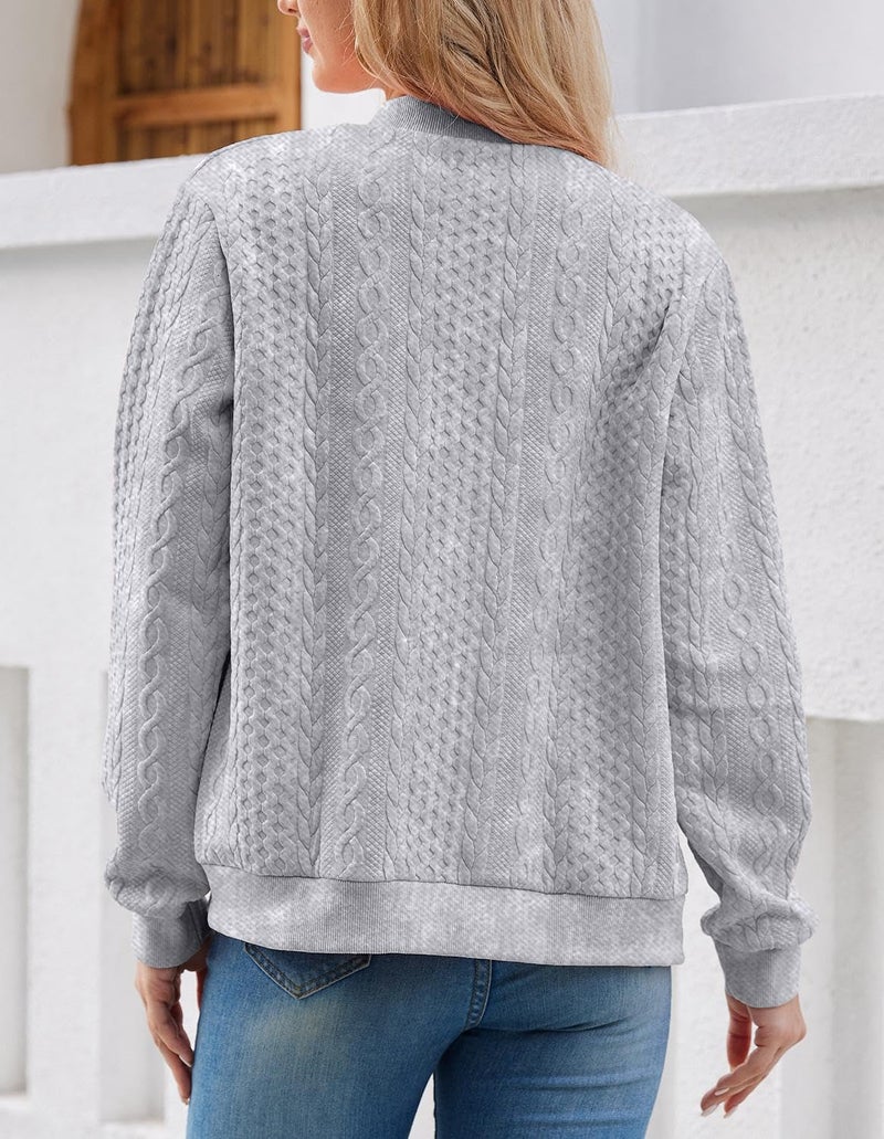 WROLEM Women's Zip Up Cardigan Sweater Cable Hoodies Long Sleeve Jacket Outfits Crewneck Casual Coat Grey - Image 5