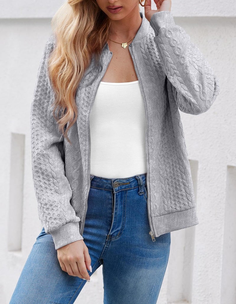WROLEM Women's Zip Up Cardigan Sweater Cable Hoodies Long Sleeve Jacket Outfits Crewneck Casual Coat Grey - Image 3