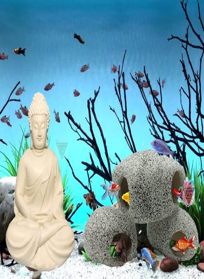 GIG BAZAAR-Aquarium Stone Shelter Rock with The Monk Buddha Statue Ornament Accessories Combo Pack Grey and White - Image 1