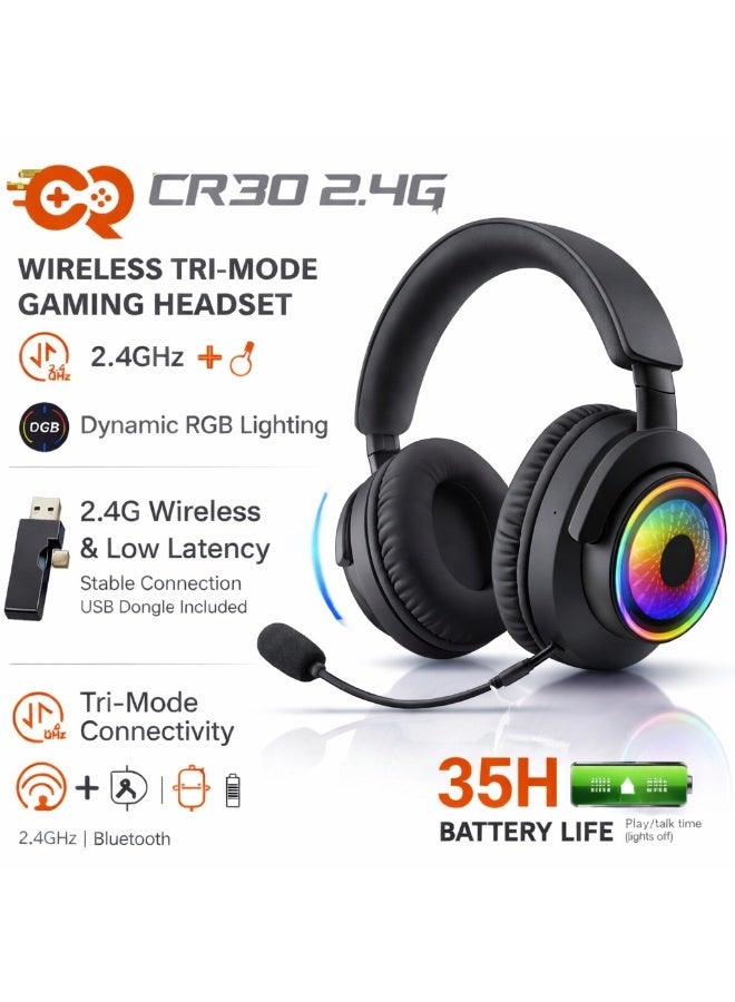 سي ار قيمينج سماعة ألعاب لاسلكية CR30 2.4G RGB – تأخير منخفض، بث ثلاثي (دونجل 2.4GHz وبلوتوث)، سماعات مع ميكروفون، بطارية 35 ساعة، متوافقة مع الكمبيوتر، PS5، اللابتوب والموبايل - Image 2
