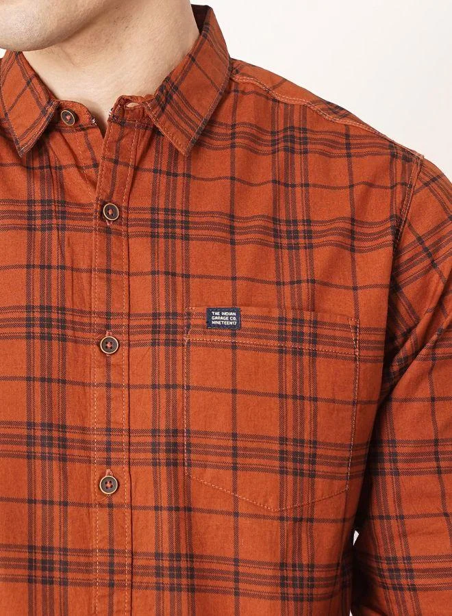 The Indian Garage Co Men Slim Fit Checkered Full Sleeves Cutaway Collar Casual Shirt