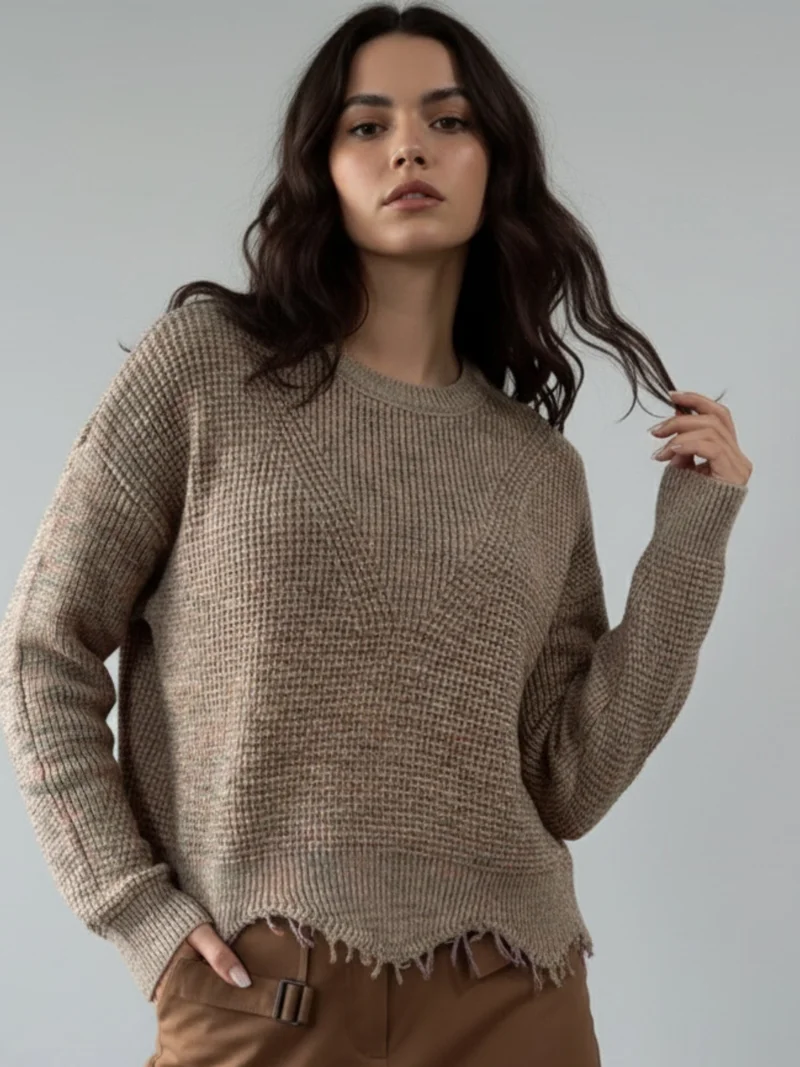 Beige Full Sleeve Crew Neck Fringe Hem Sweater