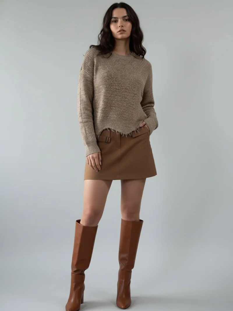 أوجيدر Beige Full Sleeve Crew Neck Fringe Hem Sweater