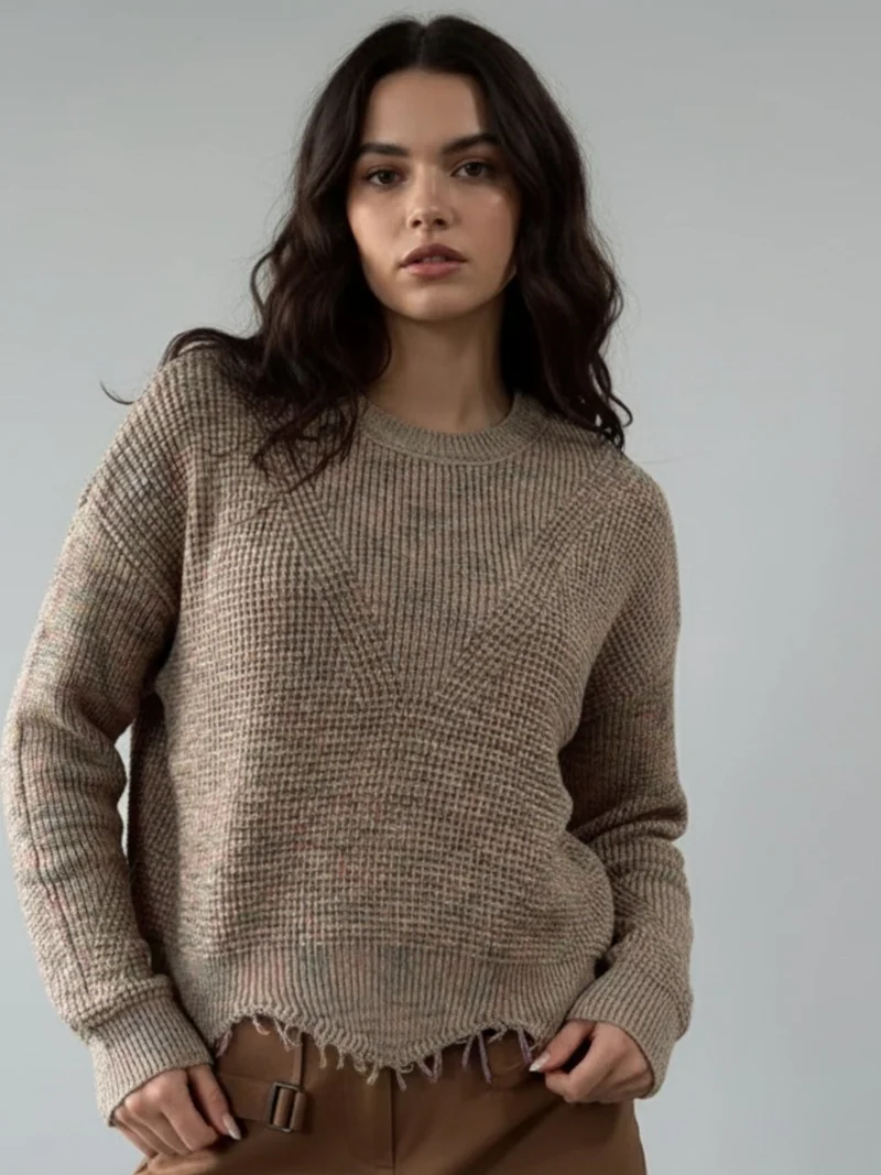 أوجيدر Beige Full Sleeve Crew Neck Fringe Hem Sweater