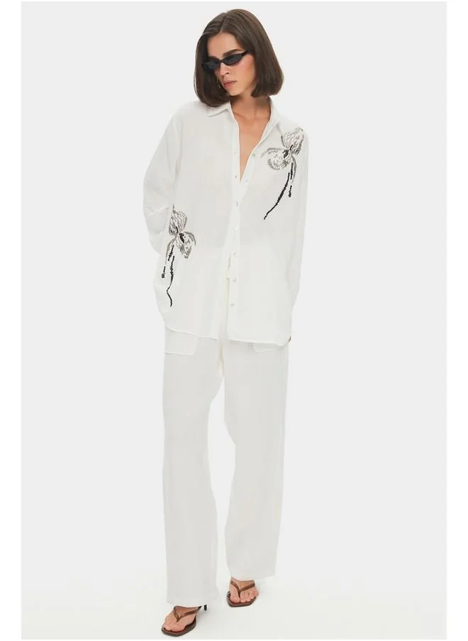 JUNE June Women Exclusive 100% Linen Elastic Waist Trouser Ecru