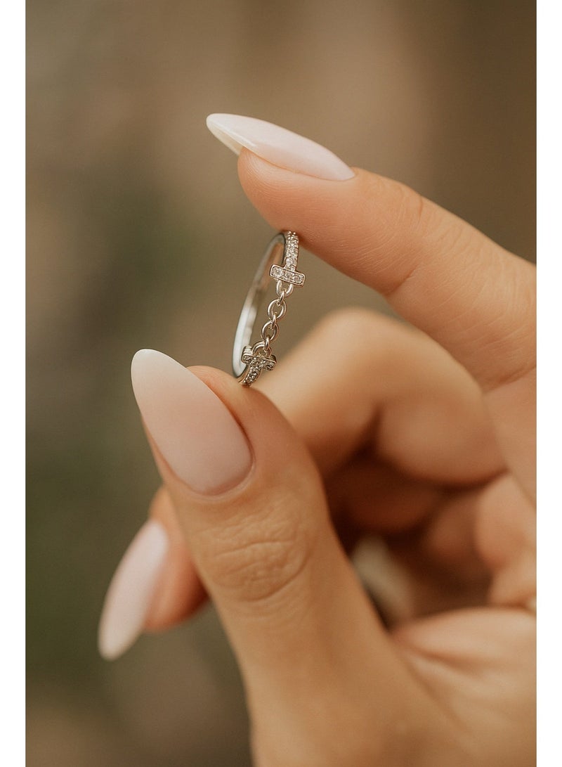 3Diamonds Exclusive Silver Chain Bar Ring for Women – Platinum & Rhodium Plated, Modern Zircon Design, Elegant Luxury Jewelry in Multiple Sizes - Image 4