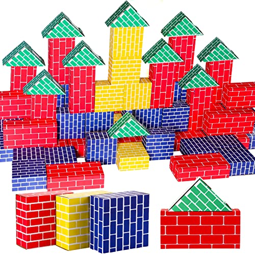 Junkin 48 Pcs Cardboard Building Blocks Extra Thick Jumbo Cardboard Blocks Pretend Blocks Rectangle Square Triangle Stacking Blocks for Kid Educational Learning Play Toys Blue Yellow Red Green - Image 1