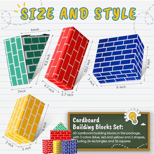 Junkin 48 Pcs Cardboard Building Blocks Extra Thick Jumbo Cardboard Blocks Pretend Blocks Rectangle Square Triangle Stacking Blocks for Kid Educational Learning Play Toys Blue Yellow Red Green - Image 5