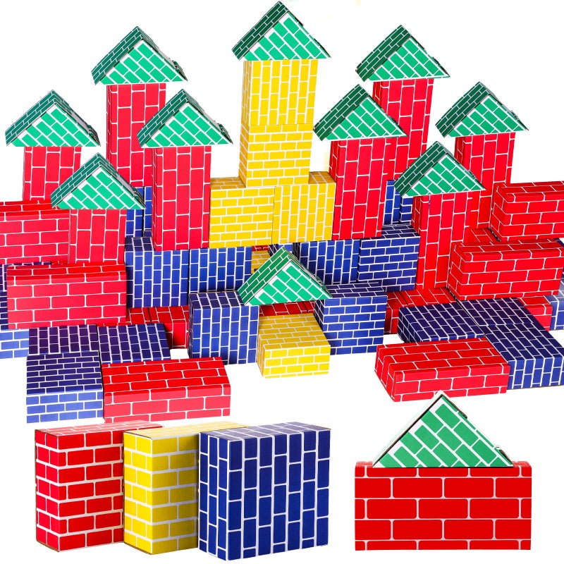 Junkin 48 Pcs Cardboard Building Blocks Extra Thick Jumbo Cardboard Blocks Pretend Blocks Rectangle Square Triangle Stacking Blocks for Kid Educational Learning Play Toys Blue Yellow Red Green - Image 2