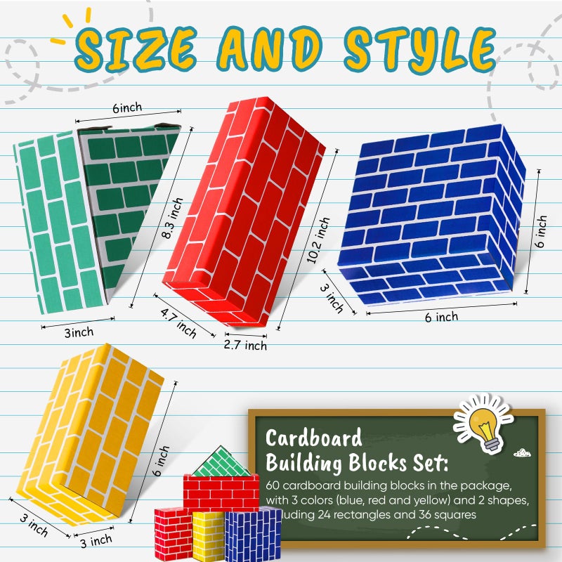 Junkin 48 Pcs Cardboard Building Blocks Extra Thick Jumbo Cardboard Blocks Pretend Blocks Rectangle Square Triangle Stacking Blocks for Kid Educational Learning Play Toys Blue Yellow Red Green - Image 3
