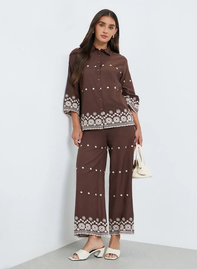 Women Brown Embroidered Shirt and Trousers Co-Ords