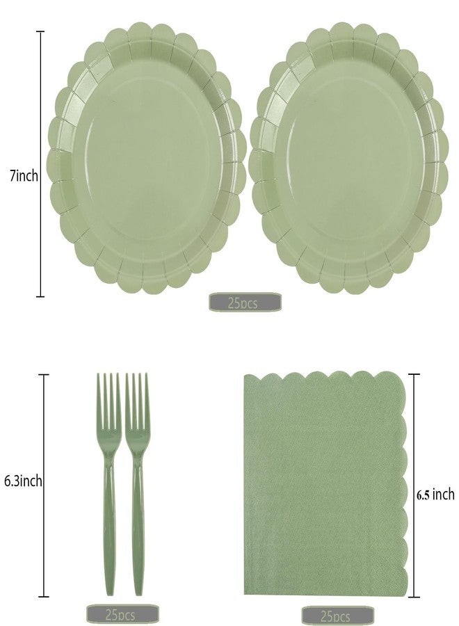EVYIENEN 75pcs Sage Green Paper Plates and Napkins,25 Guest Sage Green Scalloped Paper Tableware Forks Disposable Dinnerwaret Kit for Baby Shower Bridal Wedding Birthday Party New Year Decorations - Image 2