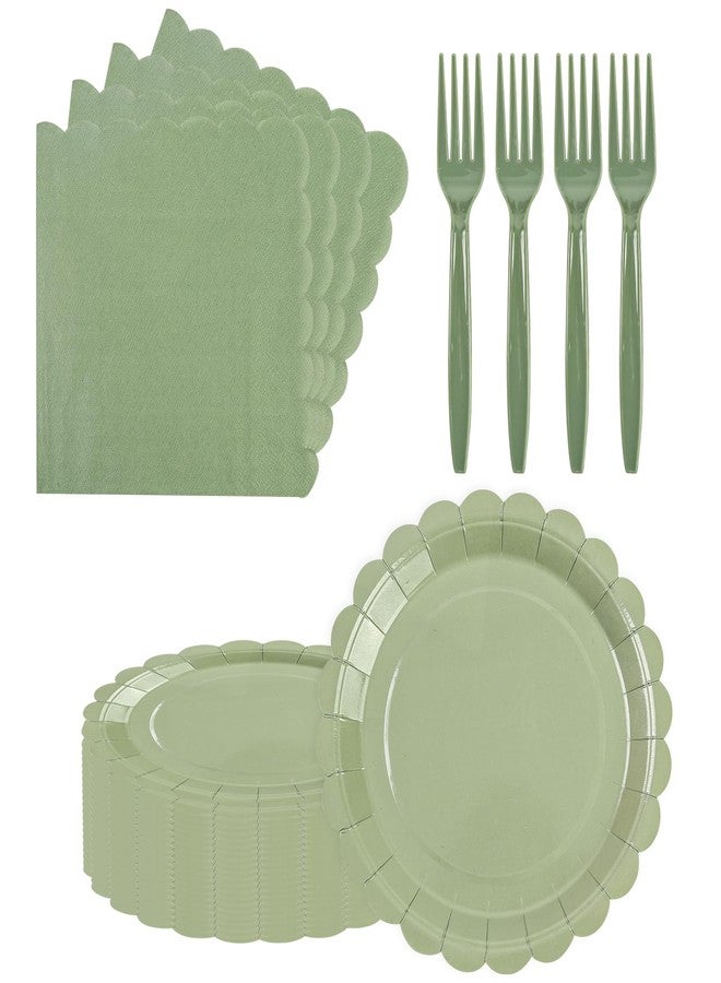 EVYIENEN 75pcs Sage Green Paper Plates and Napkins,25 Guest Sage Green Scalloped Paper Tableware Forks Disposable Dinnerwaret Kit for Baby Shower Bridal Wedding Birthday Party New Year Decorations - Image 1