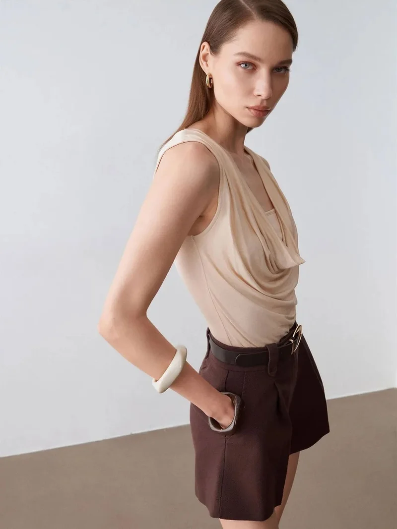 ديلفين DILVIN Sleeveless Cowl Neck Jersey Blouse