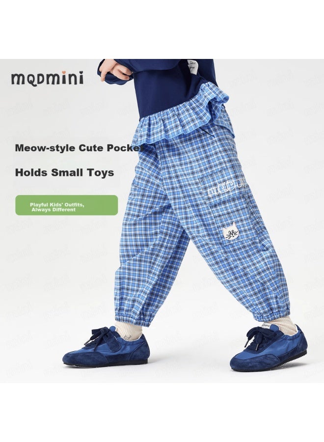 Mqdmini Girls' Spring Cargo Plaid Pants Children's Outdoor Camping Woven Casual Trousers - Image 2